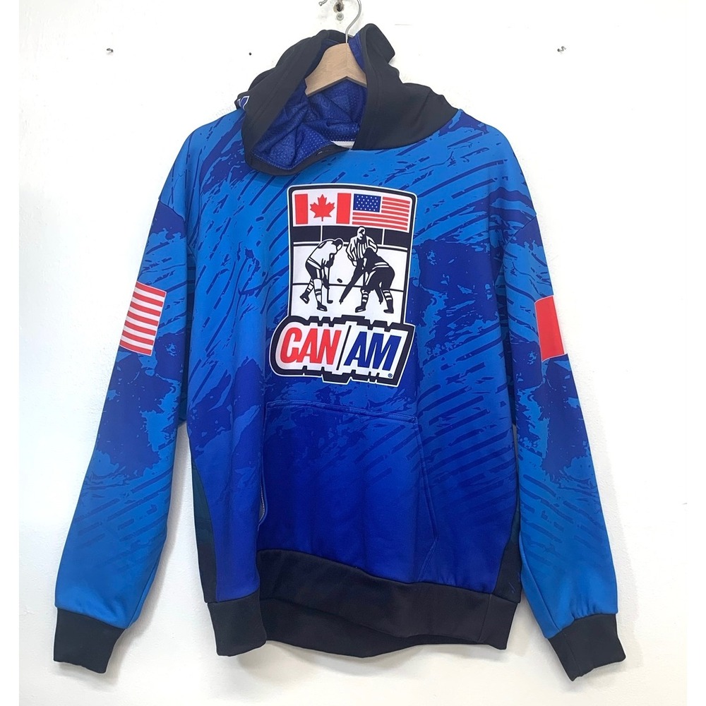 CAN/AM Hockey Hoodie Mens Adult Large Blue Graphic USA Canada Flags Pullover